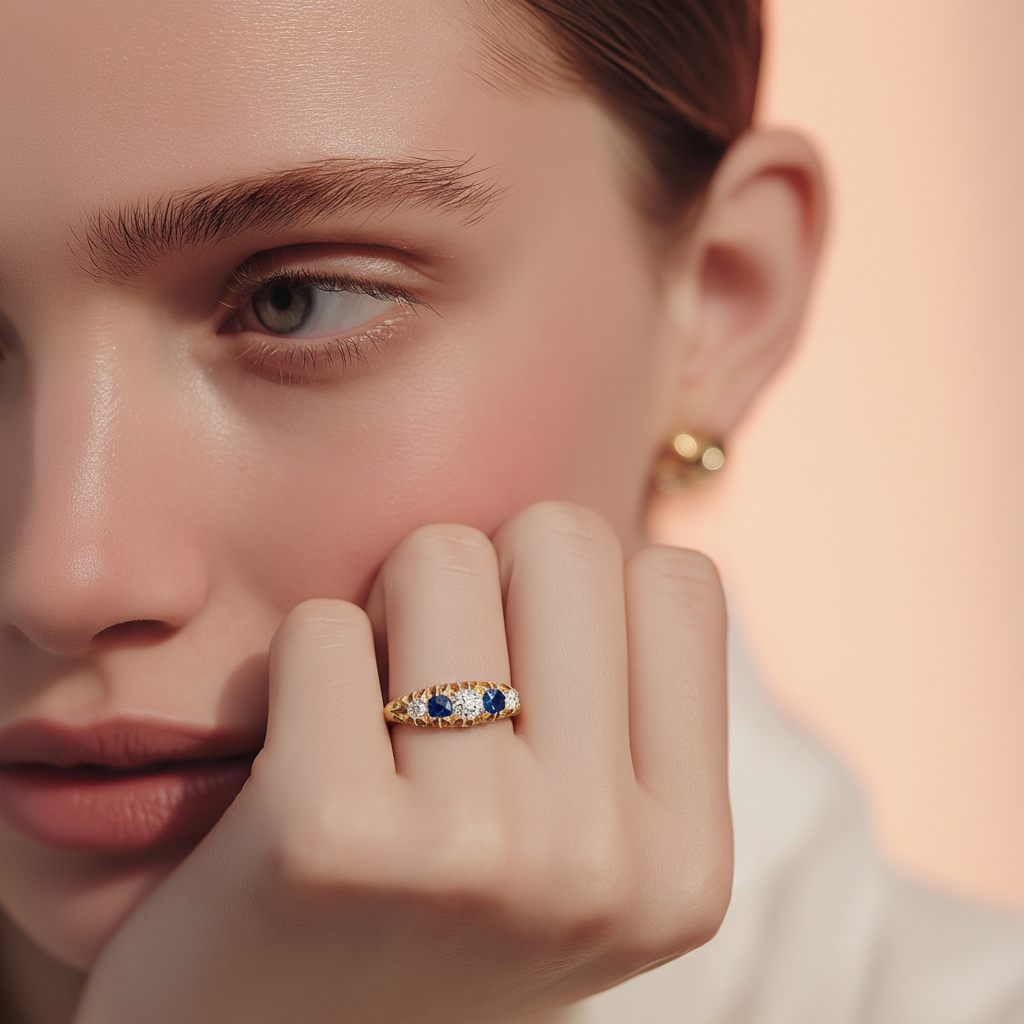 Early 20th century English diamond and sapphire five-stone ring