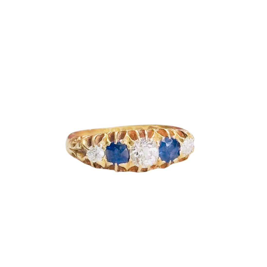 Edwardian 18k gold five-stone ring with diamonds and sapphires from Birmingham 1907