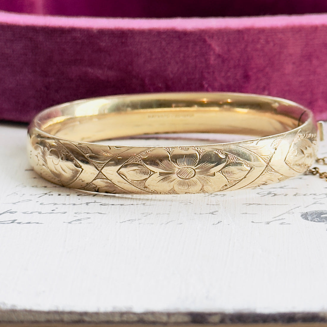Floral Engraved Gold-Filled Hinged Bangle Bracelet