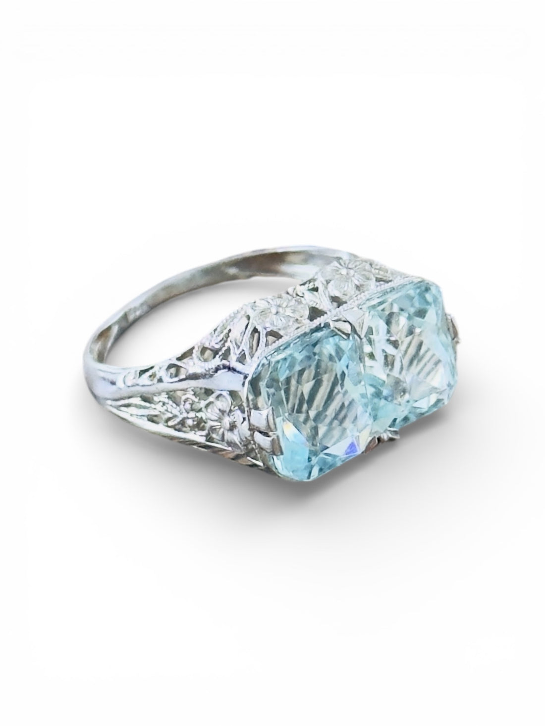 Art Deco Double Aquamarine Ring | 14k White Gold Filigree Setting