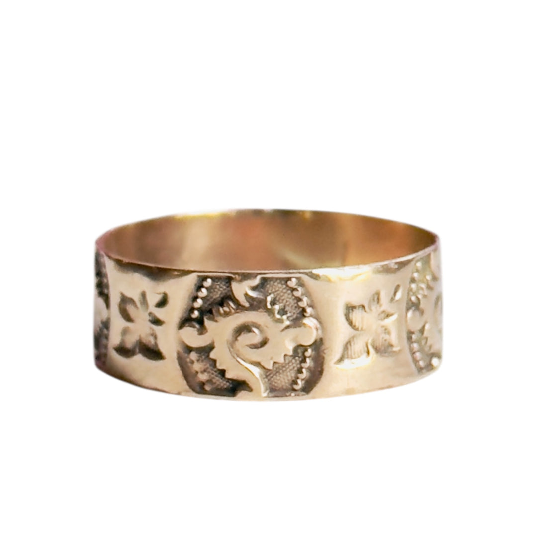 10k gold cigar band ring with engraved floral and scroll desin