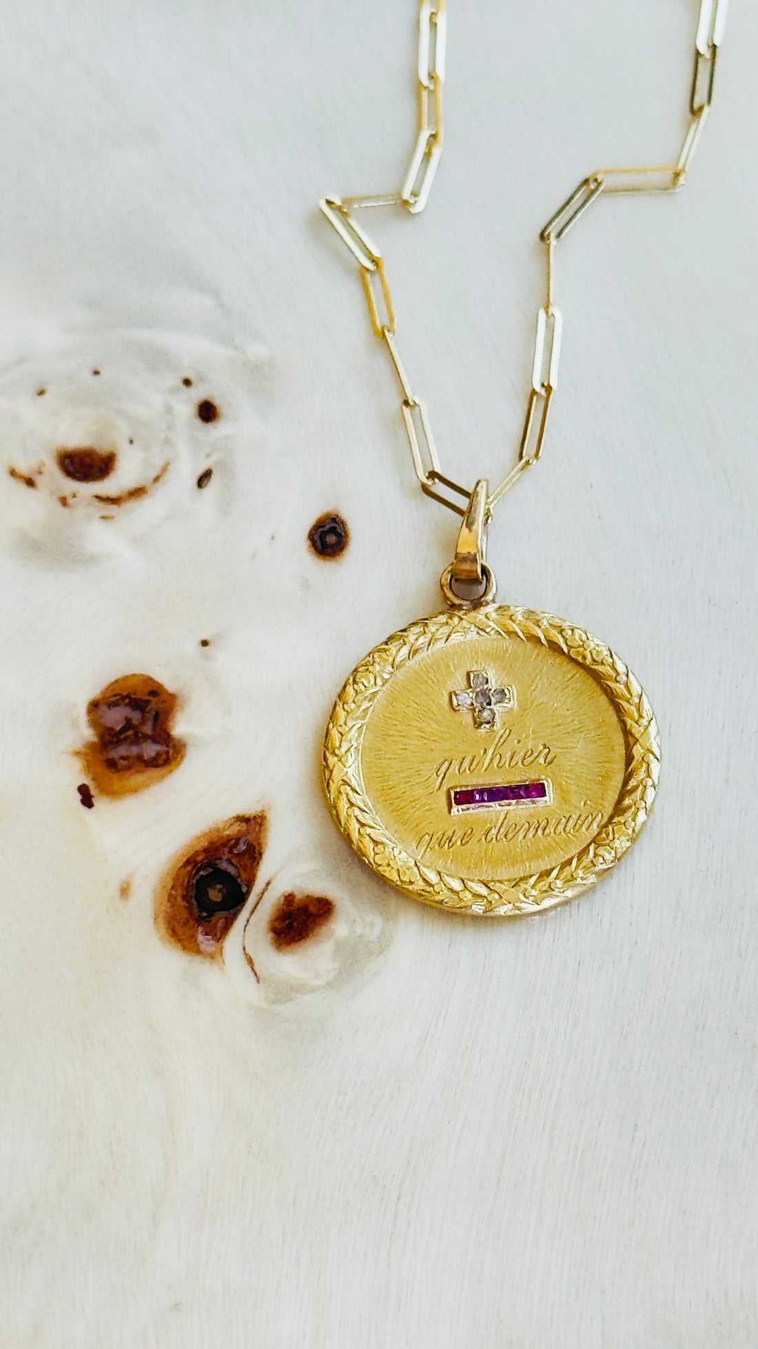 French 18k gold love token necklace with romantic inscription and gemstones