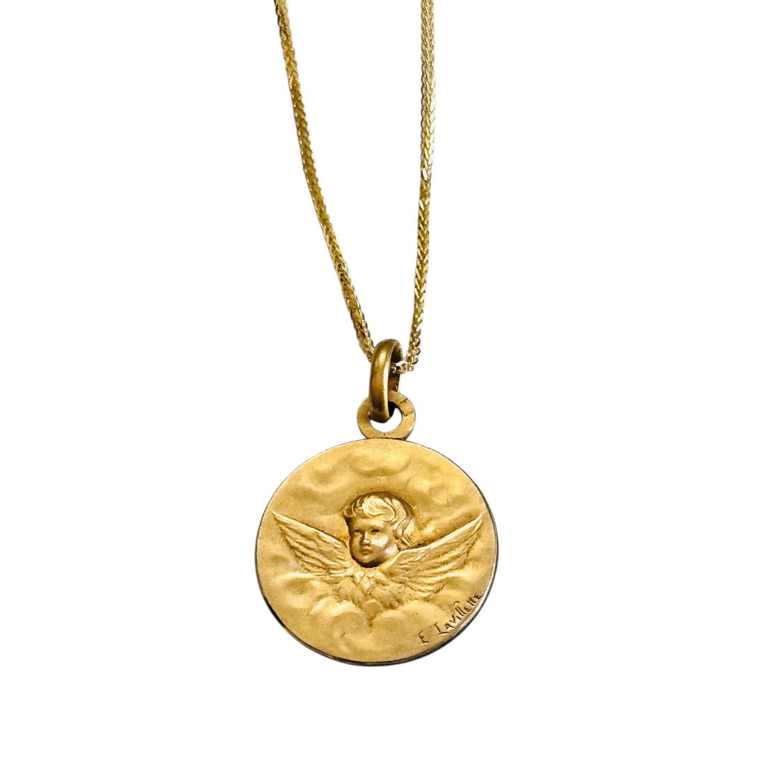 French Art Nouveau FIX cherub medal by E. Lavilette on an 18-inch 10k gold chain.