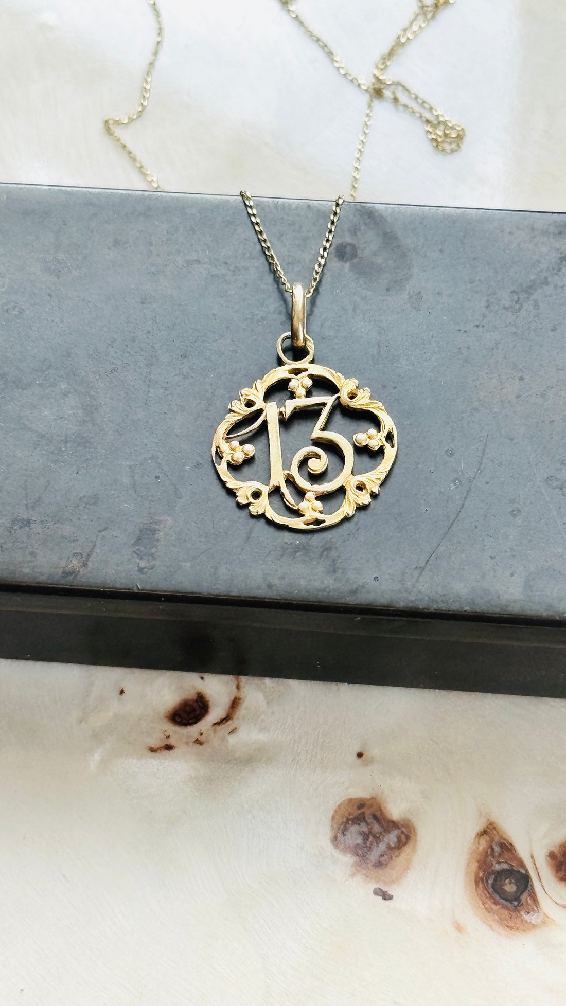 French Belle Époque Lucky Number 13 pendant crafted in solid 18k gold with elegant openwork detailing.