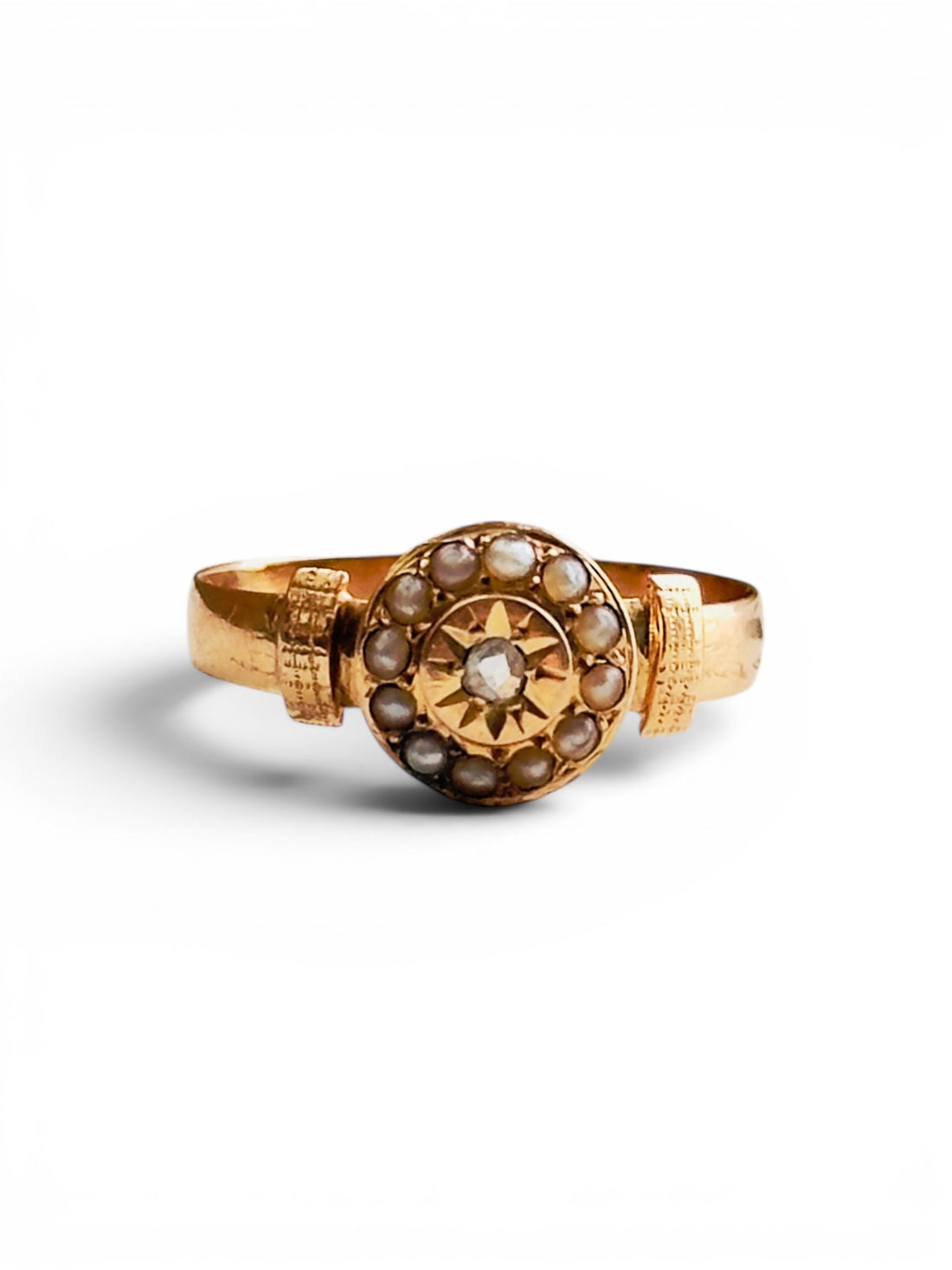 French Victorian rose gold ring with rose-cut diamond and seed pearl halo circa 1890