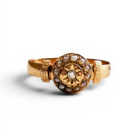 French Victorian rose gold ring with rose-cut diamond and seed pearl halo circa 1890