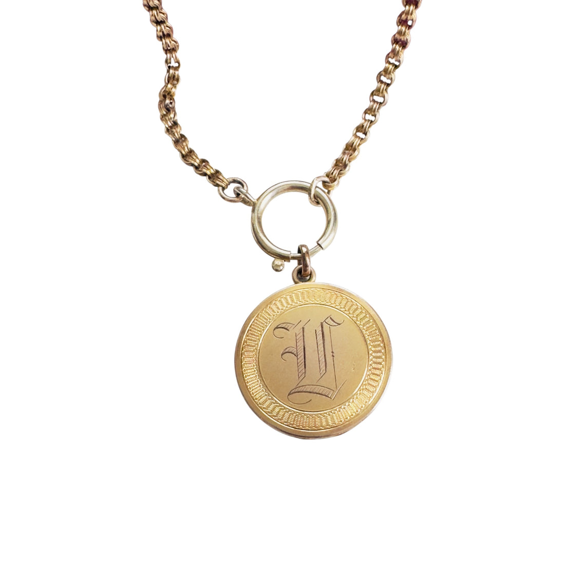 Gold-filled Tisco monogram locket on vintage watch chain with O-bolt clasp.