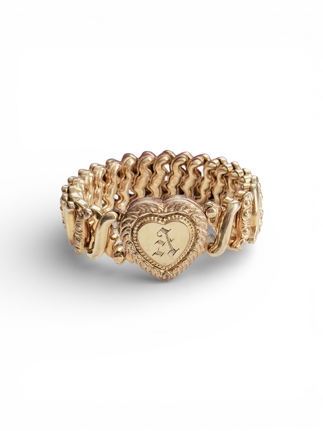 Vintage Carmen D.F.B. Co. gold-filled sweetheart locket bracelet with engraved “A” monogram