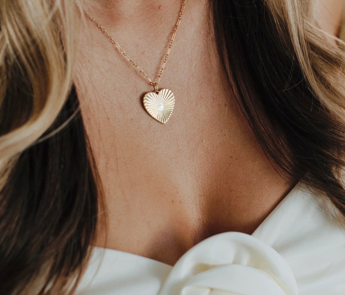 Gold filled heart necklace styled as everyday layering piece, hipV Modern Line
