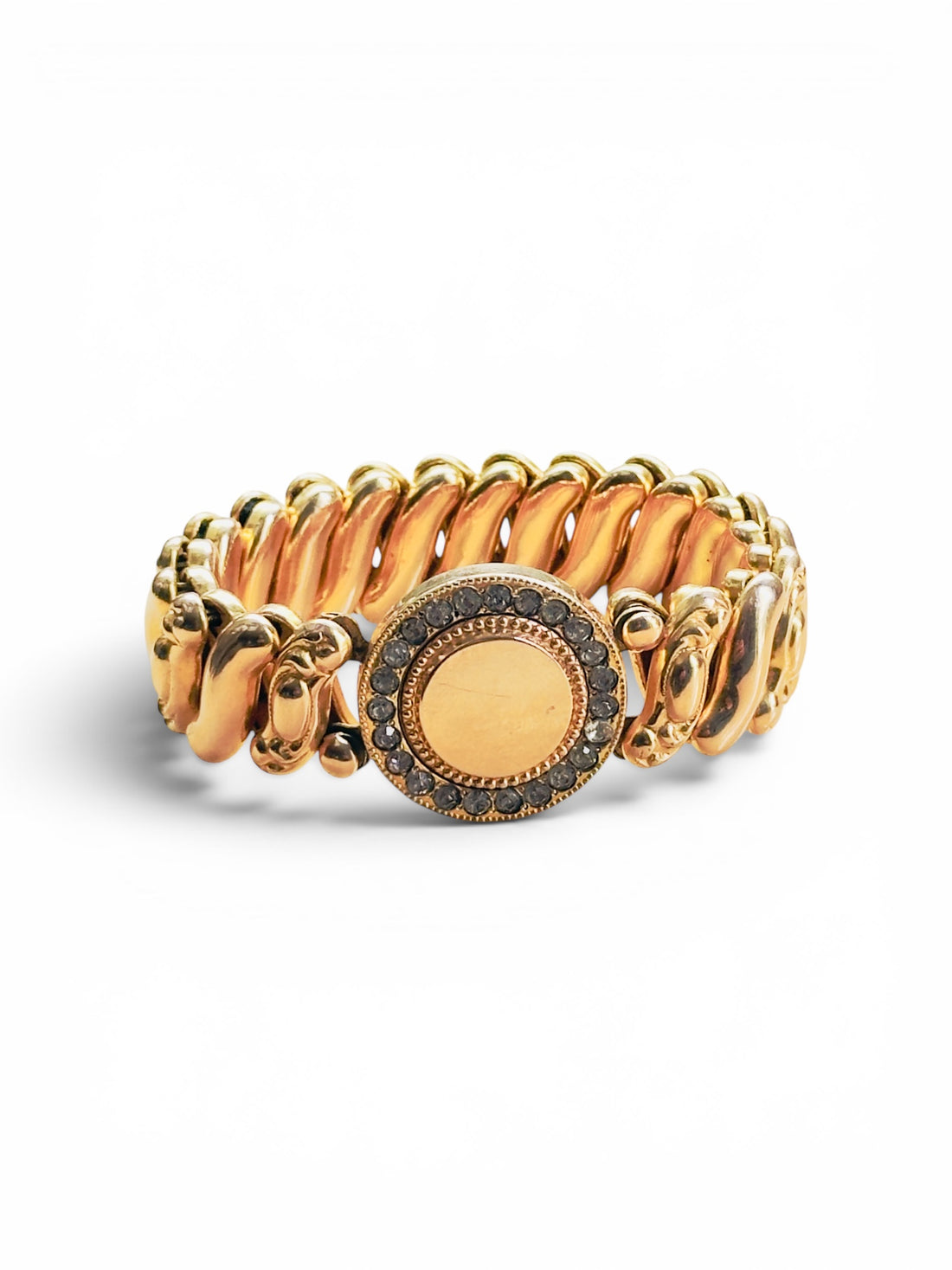 Gold filled vintage sweetheart expansion bracelet with clear paste stone halo, milgrain bezel settings, and smooth unengraved disc center