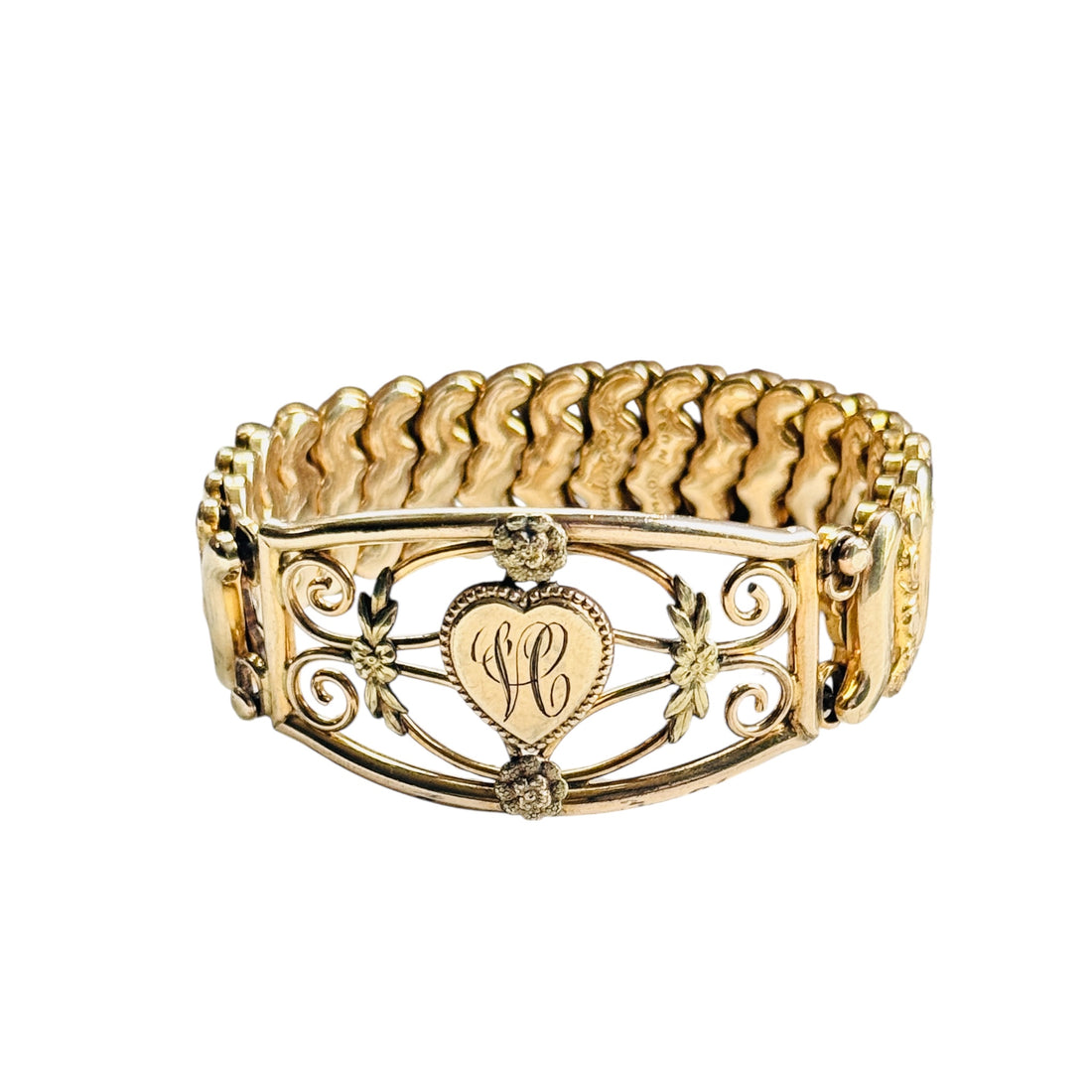 Leading Lady gold filled sweetheart bracelet with engraved H monogram and scrollwork detail