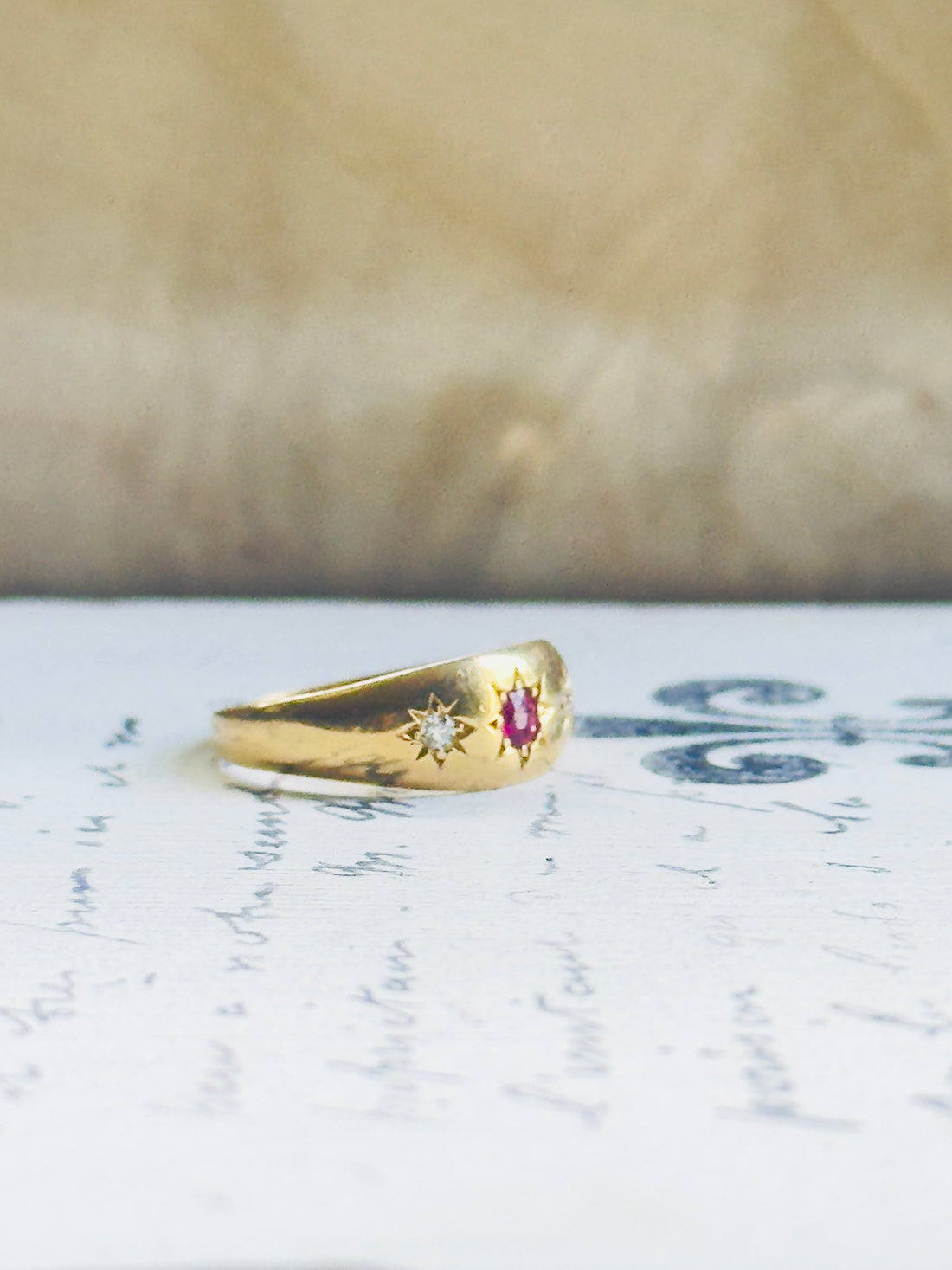 One of a kind antique Victorian gold ruby diamond ring, Birmingham England hallmark, hipV Modern Vintage Jewelry