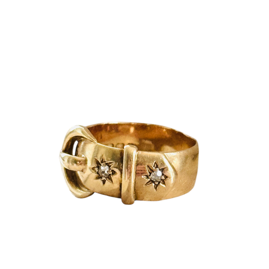 Original 1916 English 18K gold buckle ring featuring two old European cut diamonds in star settings, fully hallmarked antique ring.