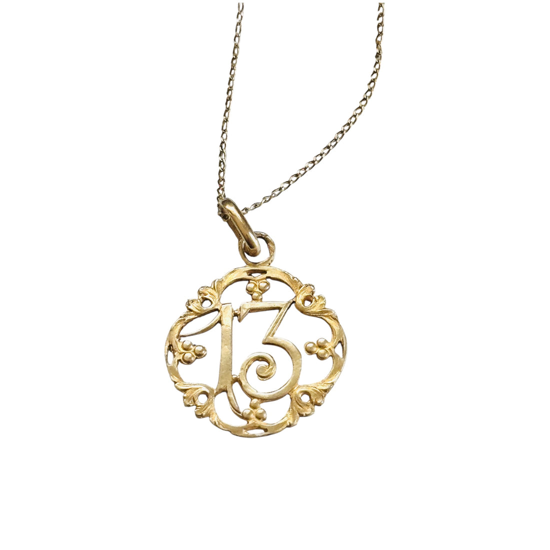 Original French Lucky Number 13 charm pendant crafted in solid 18k gold with an 18-inch 14k gold chain.