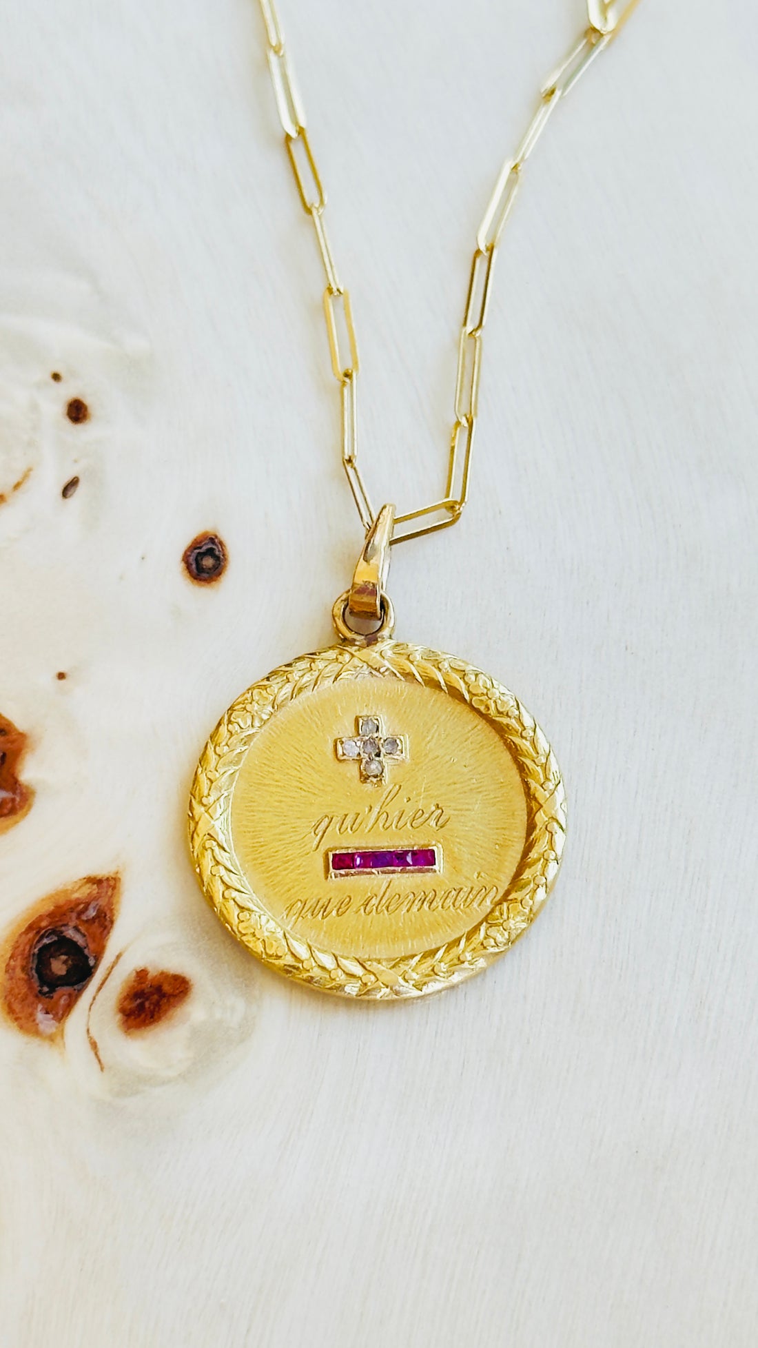 Rare 1920s Augis love token pendant on 14k gold paperclip chain