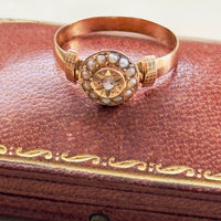 Rare French goldsmith ring in 18K rose gold with star setting and seed pearls
