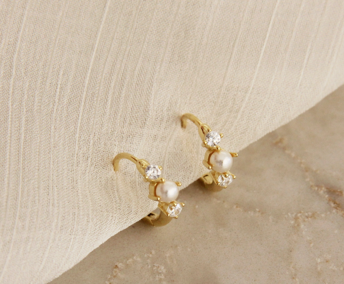 Dainty Pearl & CZ Huggie Hoop Earrings