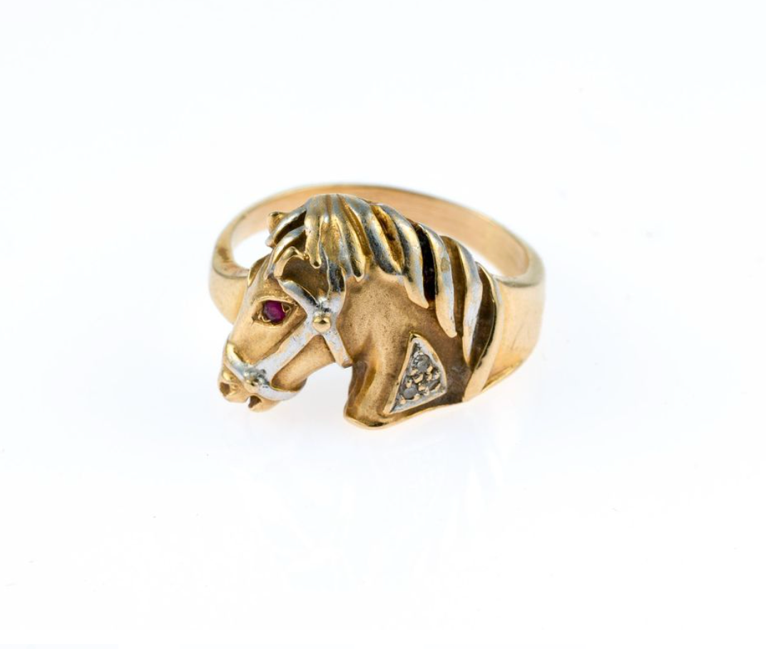 Vintage 14K Gold Equestrian Horse Ring with Ruby Eye