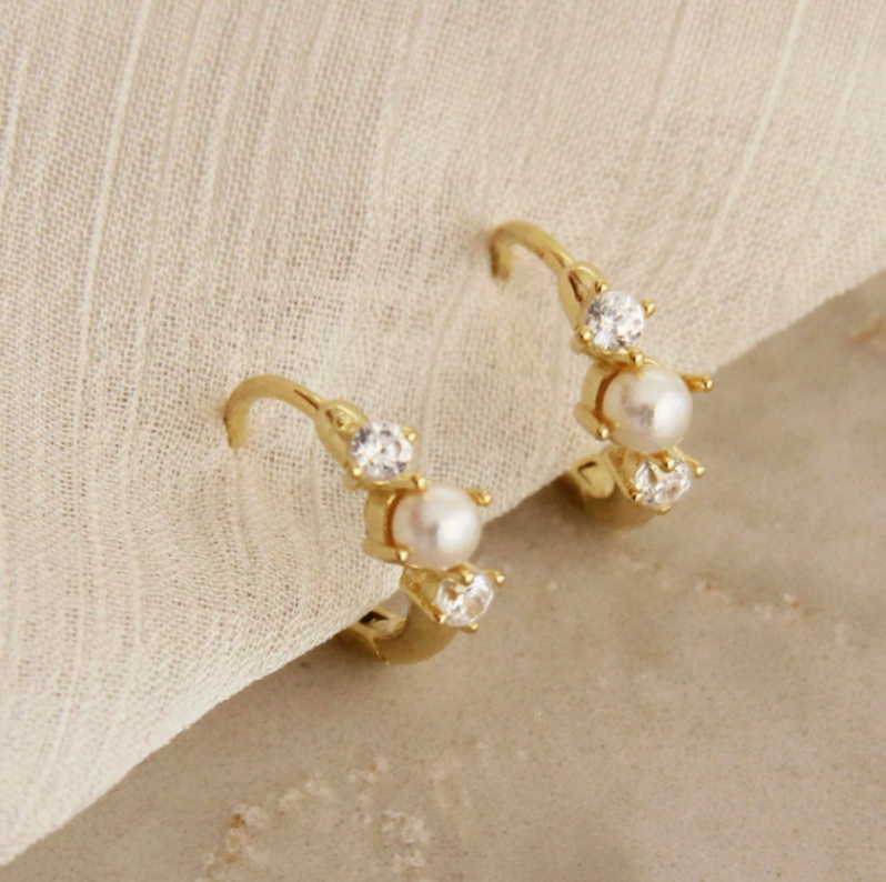 Dainty Pearl & CZ Huggie Hoop Earrings