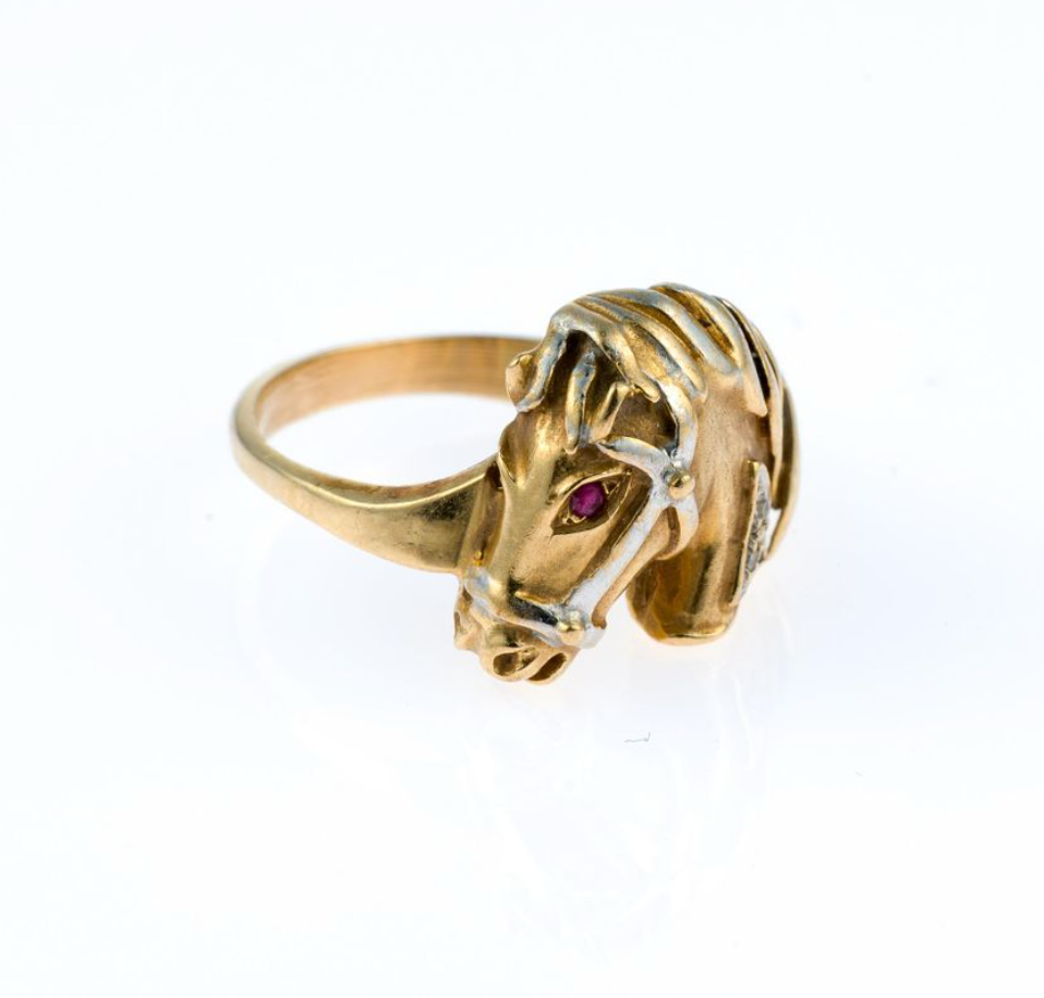 Vintage 14K Gold Equestrian Horse Ring with Ruby Eye