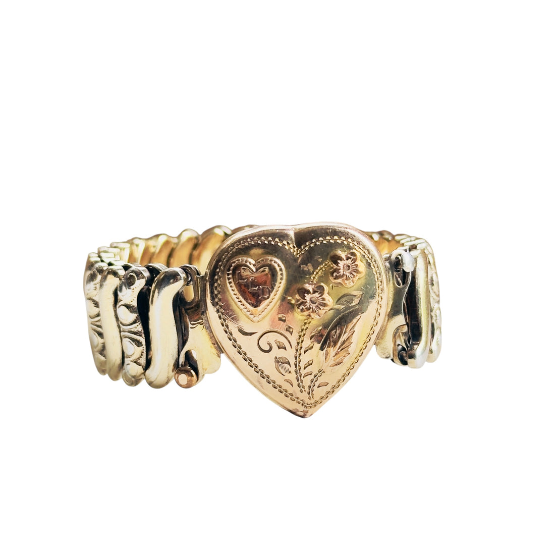 Signed Jewel Guild vintage sweetheart expansion bracelet in gold filled over sterling with pink enamel floral detail and hand-engraved heart face