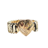 Signed Jewel Guild vintage sweetheart expansion bracelet in gold filled over sterling with pink enamel floral detail and hand-engraved heart face