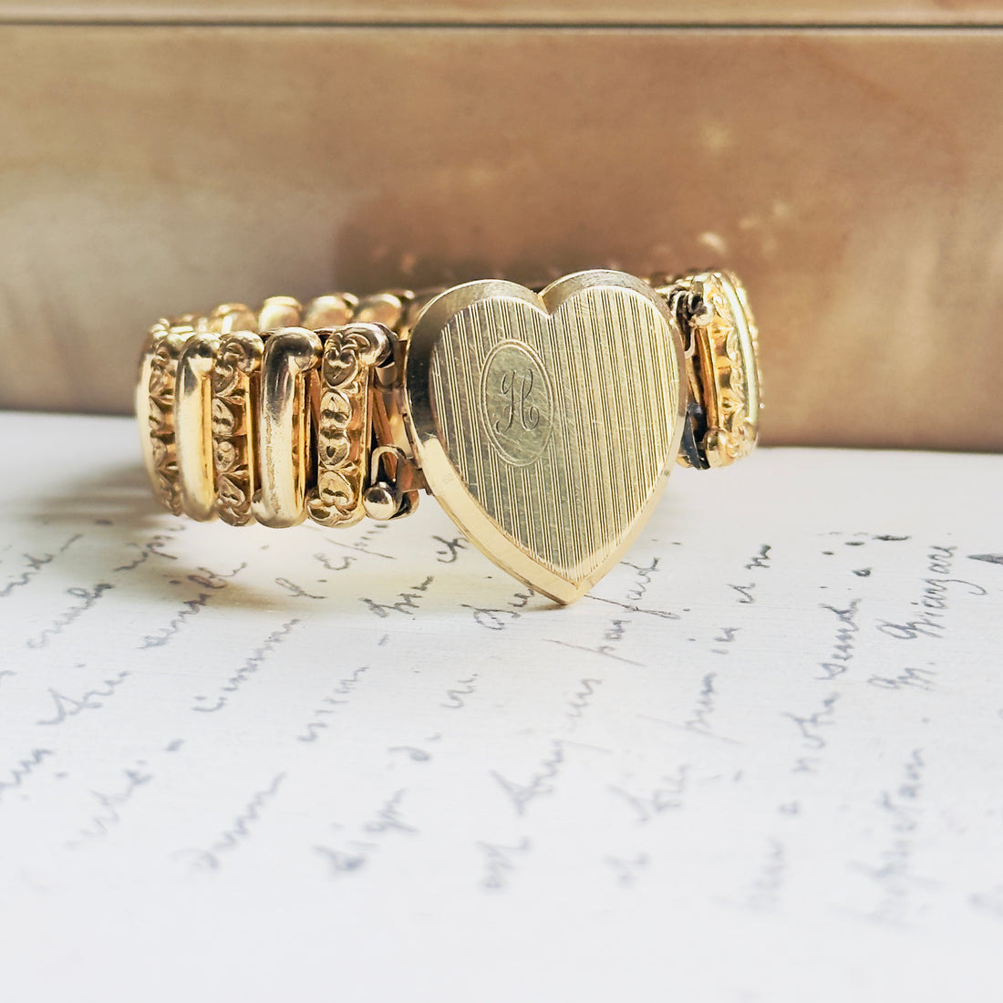 Signed LACO gold-filled heart locket sweetheart expansion bracelet with H monogram, mid-century estate jewelry, hipV Modern Vintage