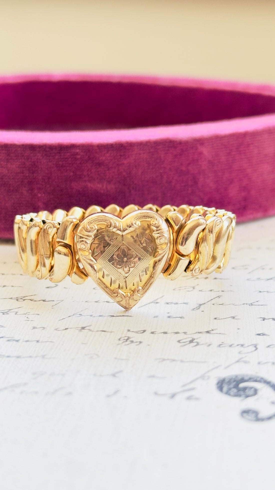 Gold filled Phoenix expansion bracelet with heart centerpiece, heirloom sweetheart style