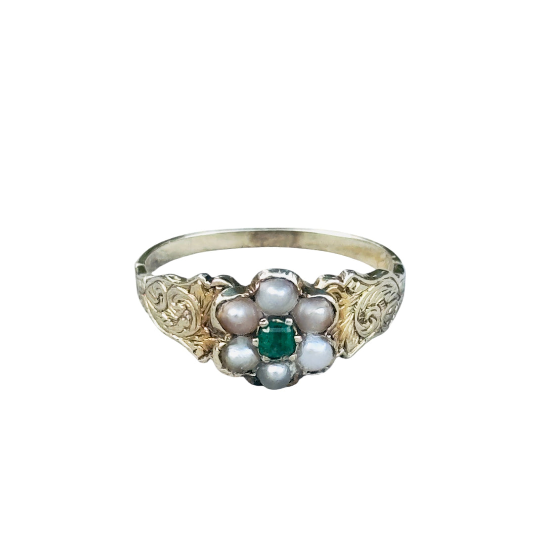 Victorian 14k gold seed pearl and emerald cluster ring with hand-engraved shoulders, size 8, hipV Vintage