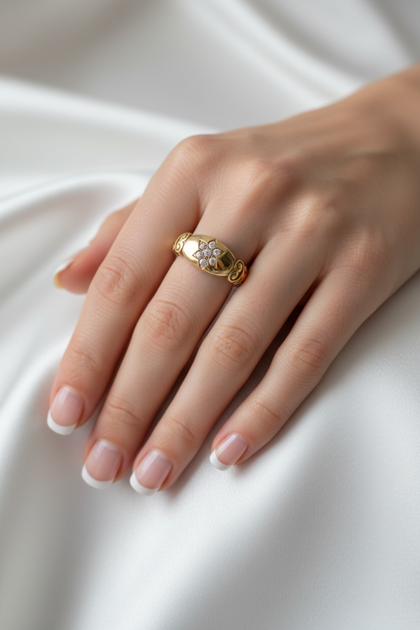 Victorian gold ring with hand-engraved scroll shoulders and diamond cluster face
