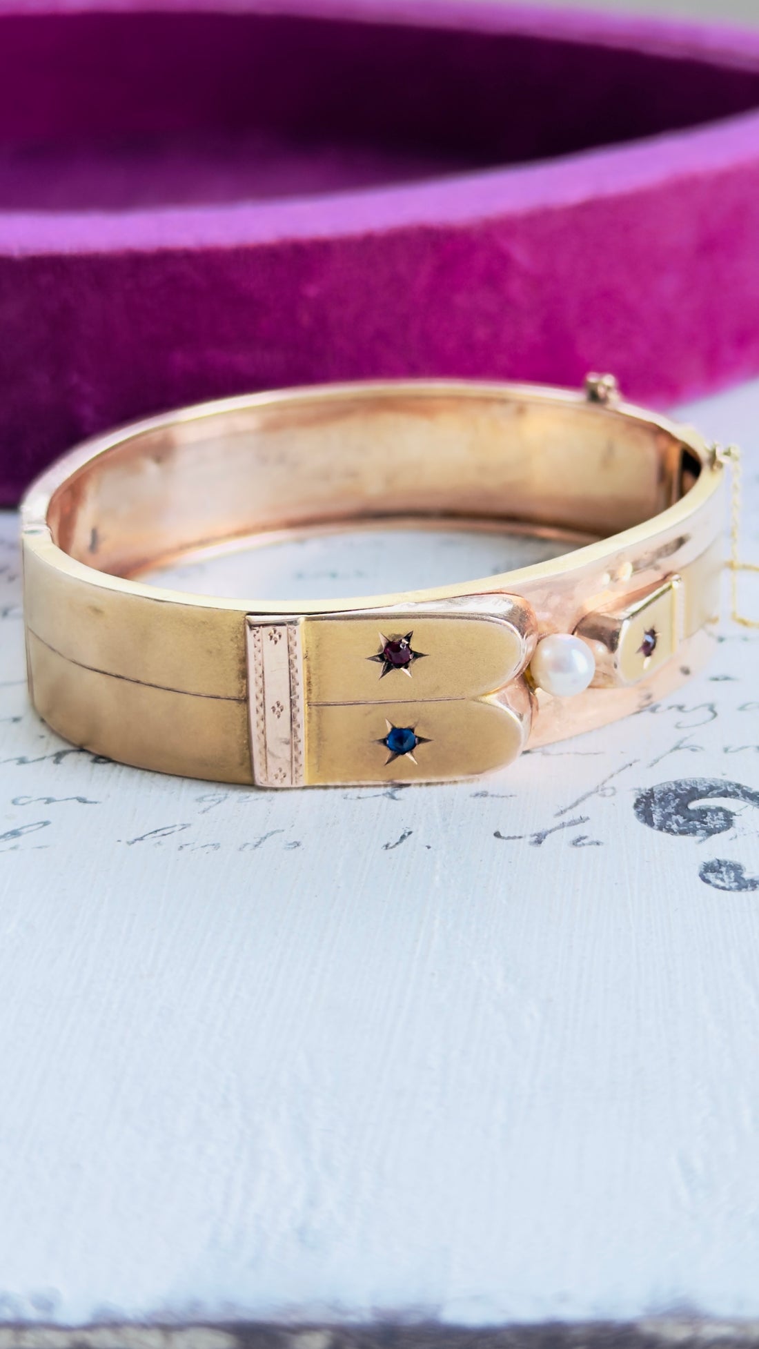 Victorian hinged gold bracelet featuring mixed yellow and rose gold tones