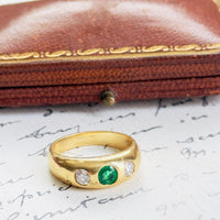 Vintage 14k gold stacking ring emerald center diamond side stones gypsy band