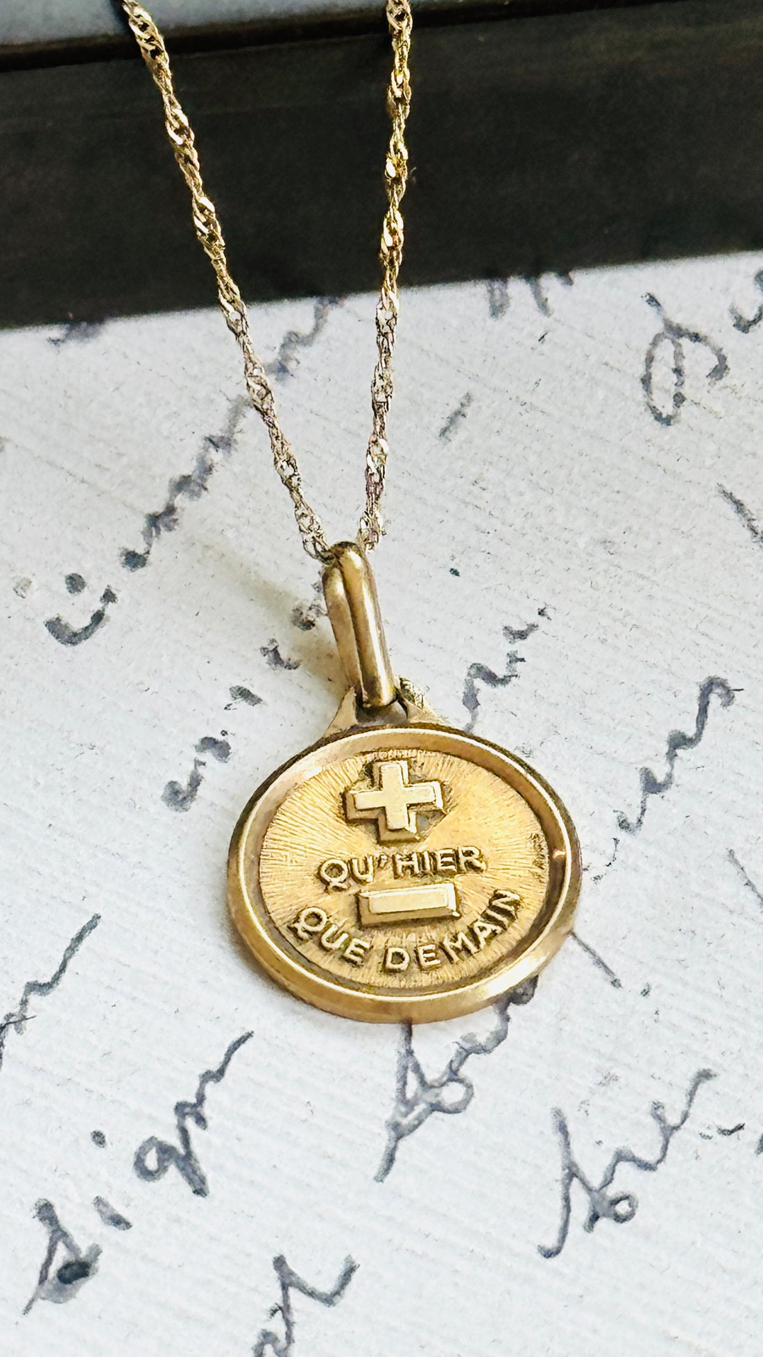 Vintage Alphonse Augis French Love Token necklace in 18k gold featuring the iconic Qu'hier Que Demain design.