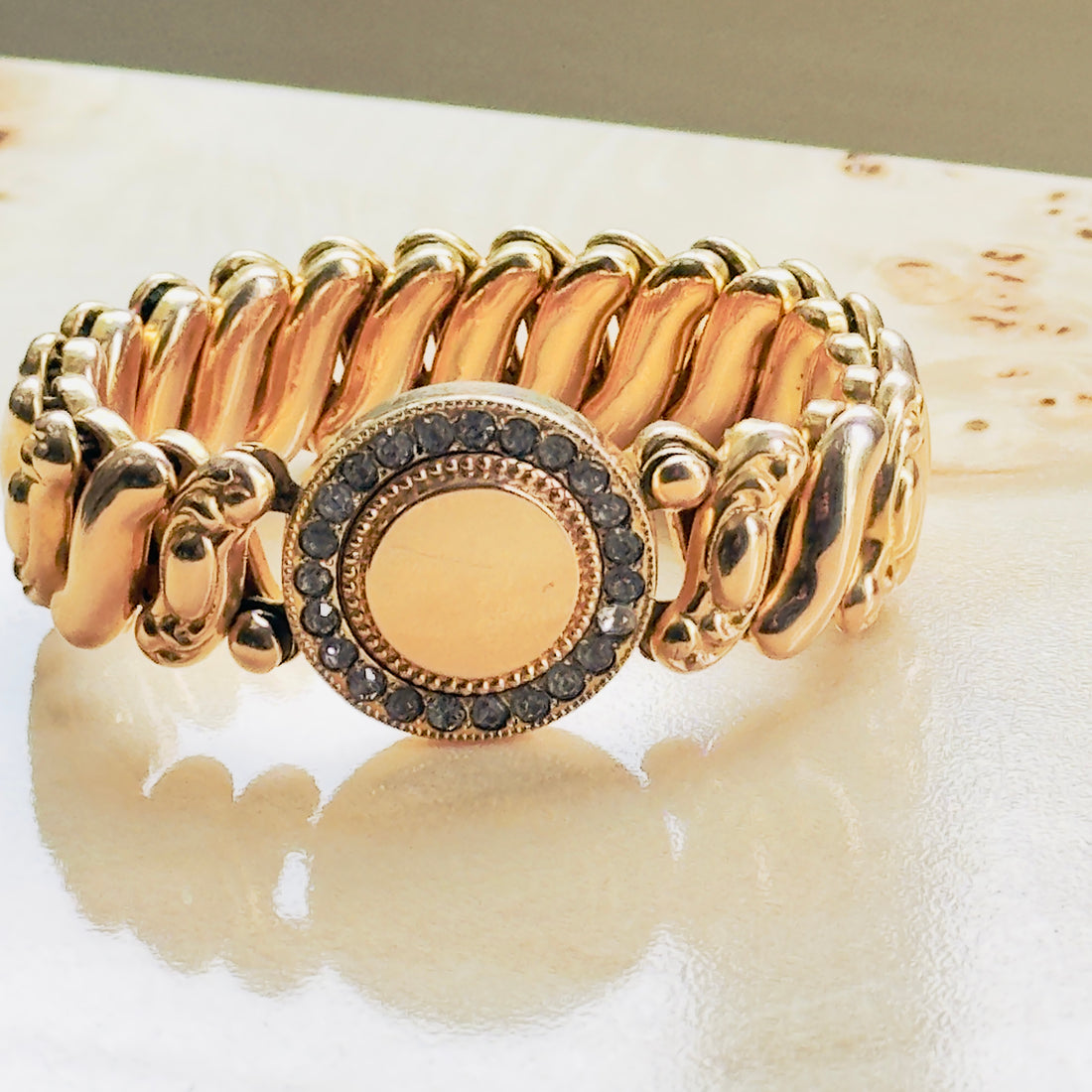 Vintage American sweetheart expansion bracelet, gold filled with paste stone halo face and puffy oval link expansion band, unengraved center