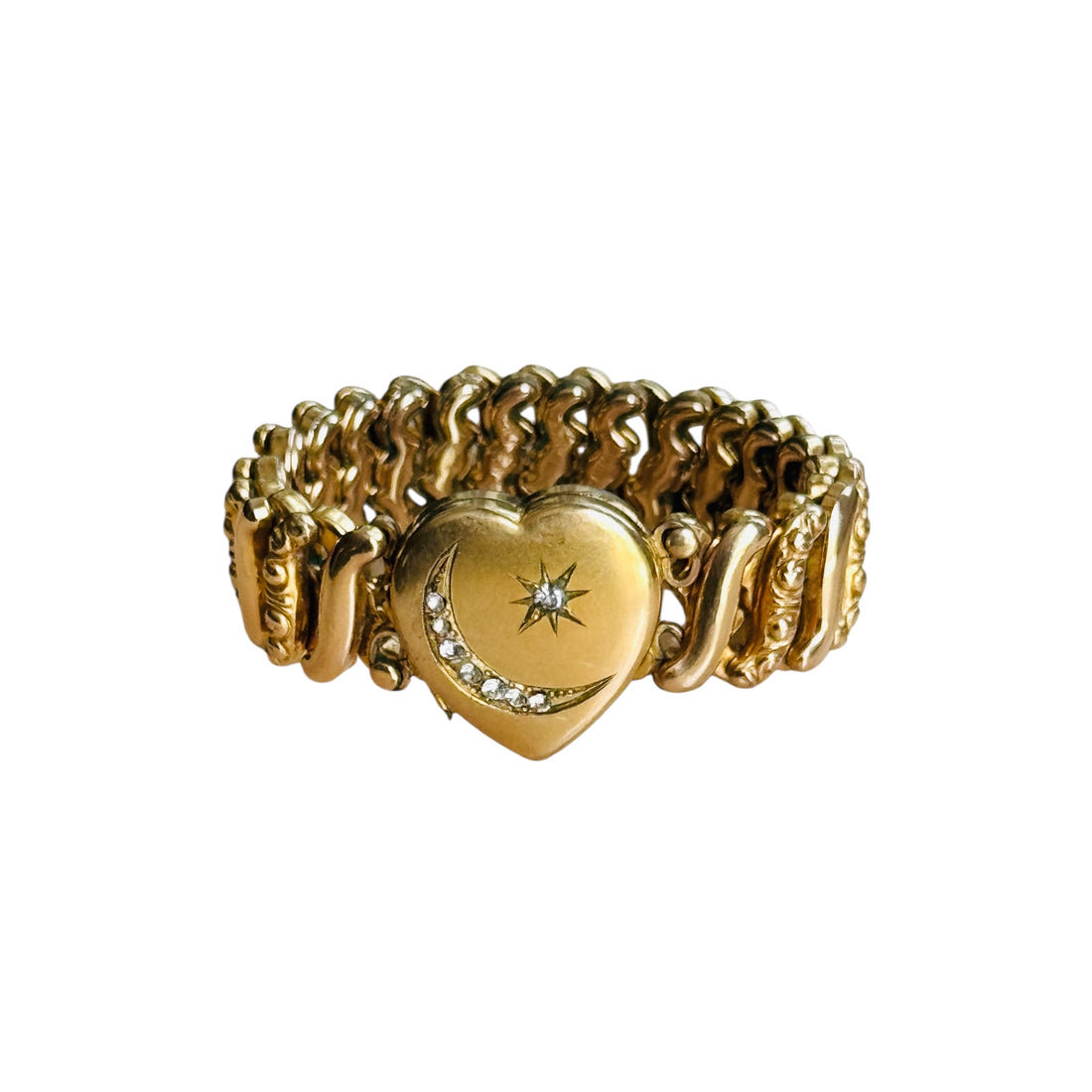 Vintage Carmen by D.F. Briggs gold-filled sweetheart expansion bracelet with crescent moon and star heart locket, front view