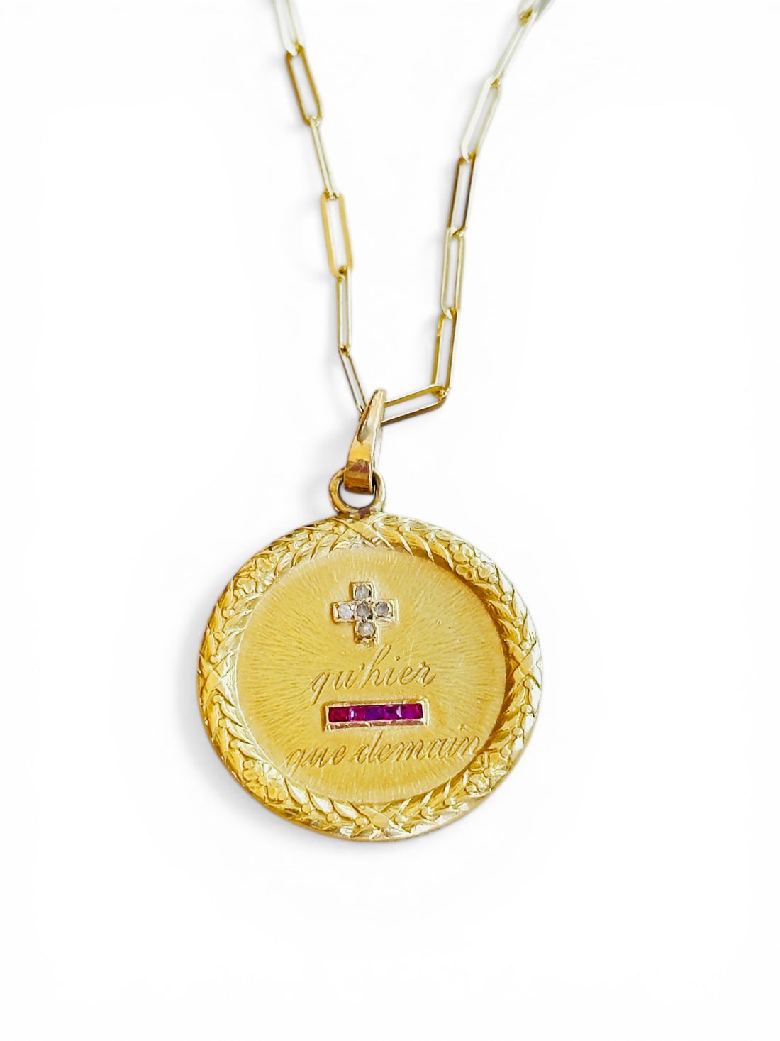 Vintage French love token necklace featuring diamonds rubies and engraved script