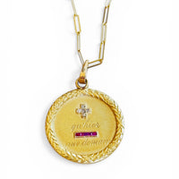 Vintage French love token necklace featuring diamonds rubies and engraved script