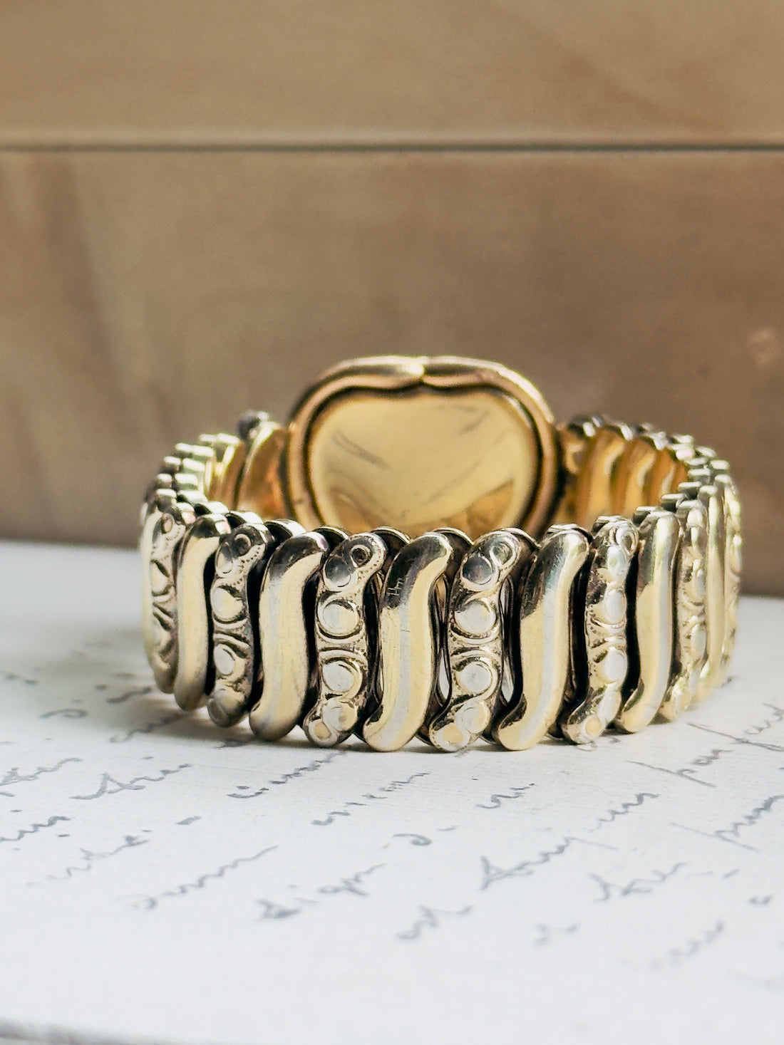 Vintage Jewel Guild gold filled sweetheart bracelet with pink enamel florals and scroll-engraved expansion band, hipV Modern Vintage Jewelry