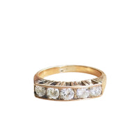 Vintage five-stone diamond ring in 14K rose gold with architectural stepped shank