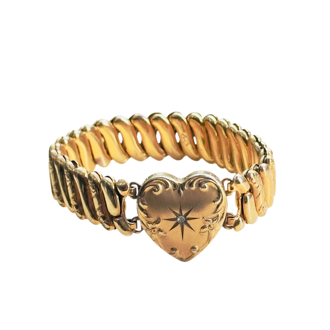 Vintage gold-filled sweetheart expansion bracelet with diamond starburst heart center, signed Marathon, mid-century estate jewelry