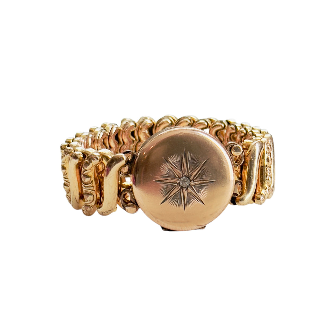 Vintage gold-filled sweetheart locket bracelet with starburst design
