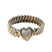 Vintage mother of pearl heart sweetheart bracelet with engraved scrollwork, mixed metal expansion band, curated by hipV Modern Vintage Jewelry
