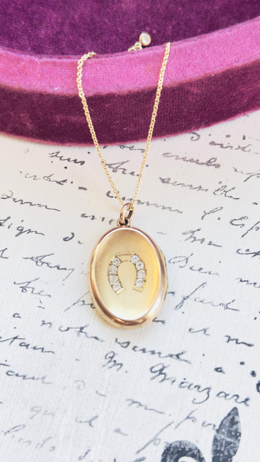 Vintage oval horseshoe locket on sterling and gold overlay chain