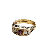 Vintage ruby and diamond ring in 14K yellow gold with rope twist band detail