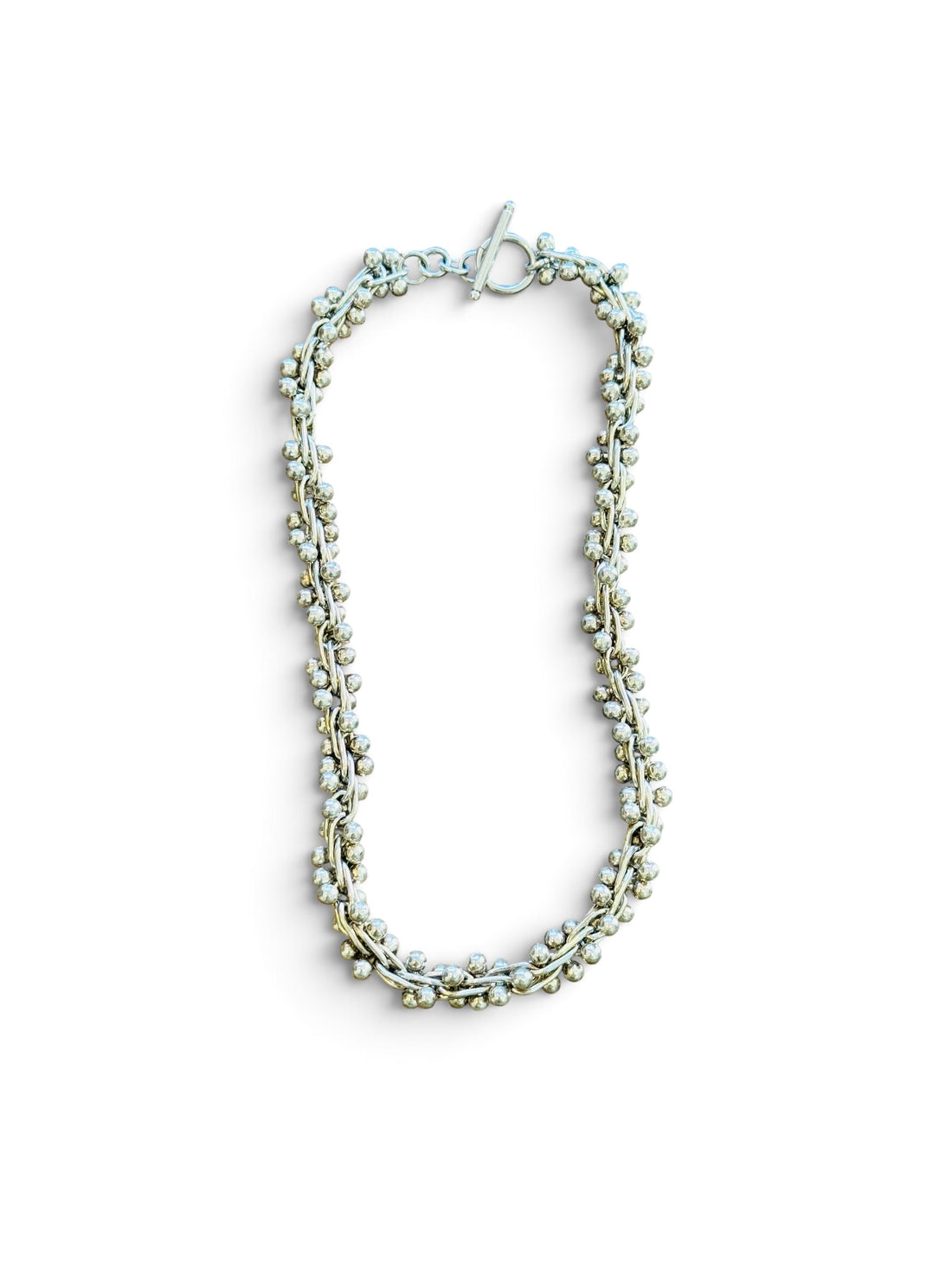 Vintage sterling silver peppercorn necklace with toggle clasp, 18-inch chunky bead ball helix chain, 925 silver.