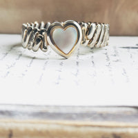 Vintage sweetheart bracelet with mother of pearl heart center and hand-engraved shoulder detail, no clasp expansion band, hipV Modern Vintage Jewelry