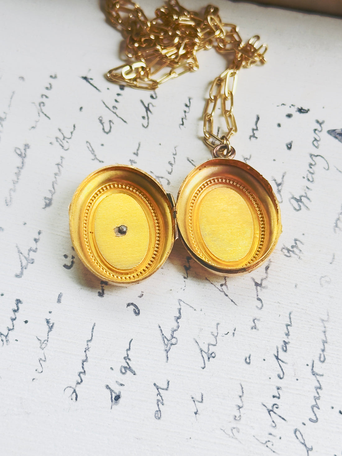 hipV Modern Vintage 18k gold locket with turquoise and seed pearl, open to show interior