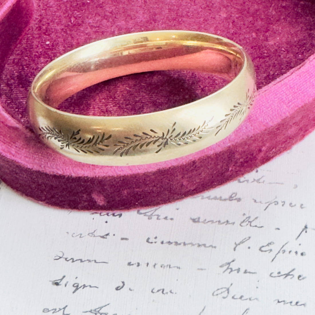 hipV gold-filled etched bracelet featuring soft Florentine texture and front engraving.