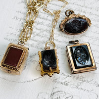 Intaglio Sapphire Locket • Antique Victorian Gold Filled Locket with Obsidian Intaglio of a Classical Warrior