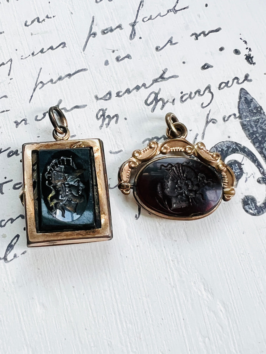 Intaglio Sapphire Locket • Antique Victorian Gold Filled Locket with Obsidian Intaglio of a Classical Warrior